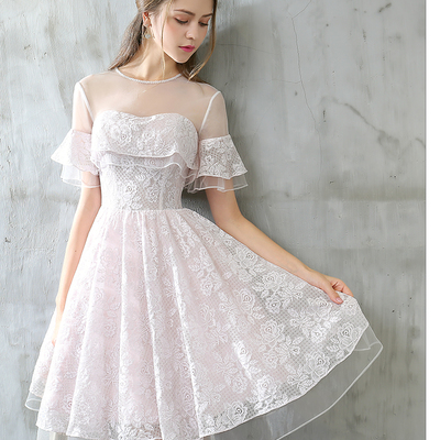 Pink lace short prom dress, homecoming dress - Thumbnail 5