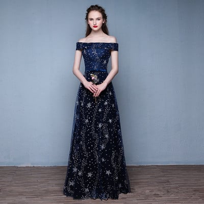 Dark blue sequins long prom dress, evening dress - Thumbnail 5