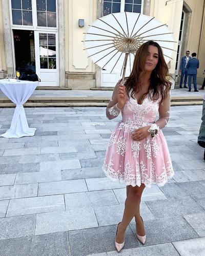 Cute V Neck Long Sleeve White Lace Homecoming Dress,Pink Short Prom Party Dress