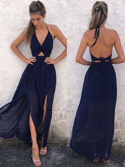 Sexy Deep V Neck Halter Backless Slit Long Prom Dress,Navy Blue Evening Party Dress