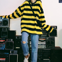 Free Shipping-YELLOW AND BLACK OVERSIZED STRIPE SWEATER - Thumbnail 4