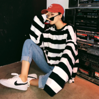 Free Shipping-BLACK AND WHITE OVERSIZED STRIPE SWEATER - Thumbnail 2
