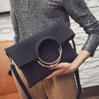 2 pieces chic matte leather metal ring handle clutch bag shoulder bag