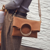 2 Pieces Chic Matte Leather Metal Ring Handle Clutch Bag Shoulder Bag - Thumbnail 1