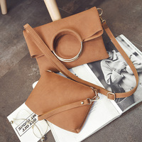 2 Pieces Chic Matte Leather Metal Ring Handle Clutch Bag Shoulder Bag - Thumbnail 2