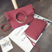 2 Pieces Chic Matte Leather Metal Ring Handle Clutch Bag Shoulder Bag - Thumbnail 3