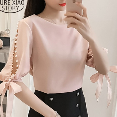 Kawaii pearl beaded bow sleeve chiffon blouse