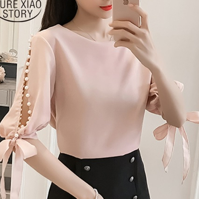 Kawaii Pearl Beaded Bow Sleeve Chiffon Blouse