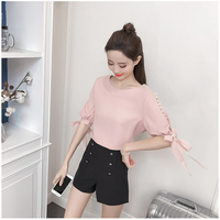 Kawaii Pearl Beaded Bow Sleeve Chiffon Blouse - Thumbnail 1
