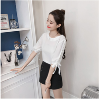 Kawaii Pearl Beaded Bow Sleeve Chiffon Blouse - Thumbnail 3
