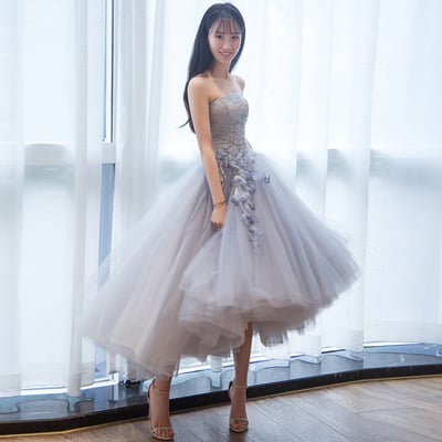 Gray lace tulle short prom dress, homecoming dress - Thumbnail 5