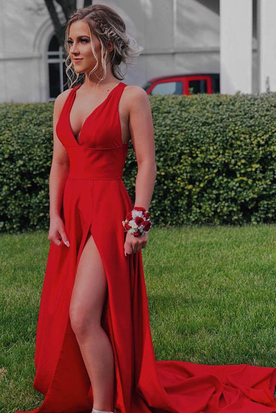 Red V-Neck Straps Long Prom Dress with Cross Back,Red Evening Dress