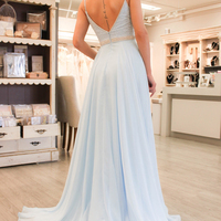 Spaghetti Straps V Neck Long Prom Dress,Backless Chiffon Evening Party Dress with Beading - Thumbnail 2