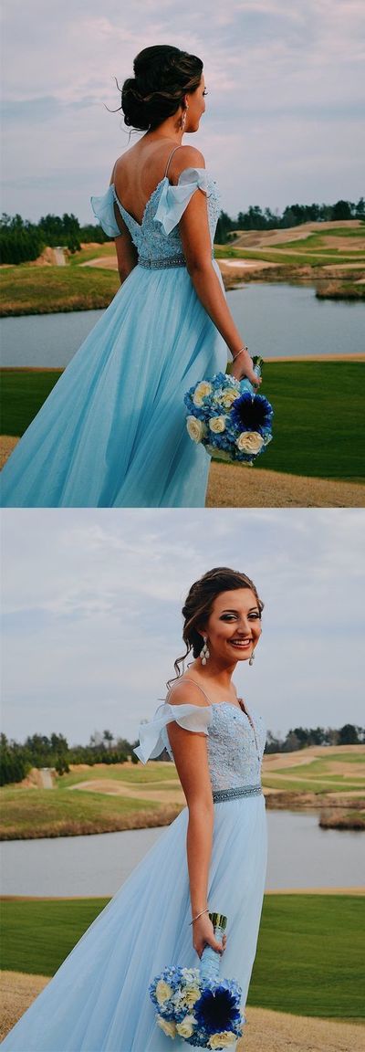 Charming A-Line Beaded Blue Chiffon Long Prom Dress,V Back Bridesmaid Dress