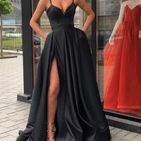 Sexy Spaghetti Straps Satin Long Prom Dress with Pockets,Black Evening Party Dress with Side Split - Thumbnail 1