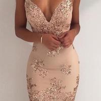 Sparkly Sheath Spaghetti Straps V-neck Sleeveless Homecoming Dress, Party Dress - Thumbnail 1