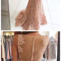 V-neck Mermaid Lace Long Prom Dresses with Sweep Train - Thumbnail 1