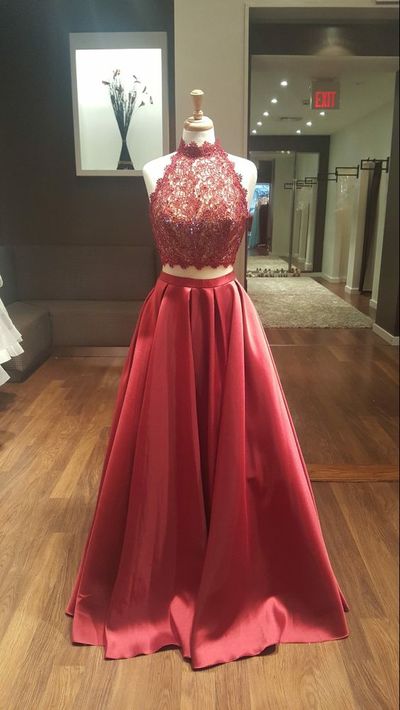 Halter Dark Red Satin Long Prom Dress with Lace,Evening Party Gown