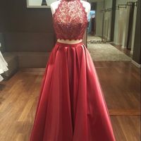 Halter Dark Red Satin Long Prom Dress with Lace,Evening Party Gown - Thumbnail 1