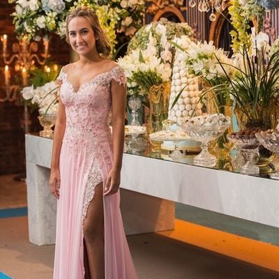 Off the shoulder pink chiffon long prom dress with side split - Thumbnail 5