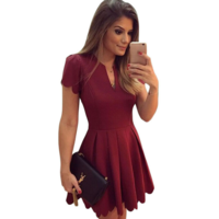 V-Neck Short Sleeve Pleated Dress - Thumbnail 1