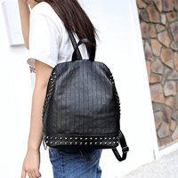 Black Rivet Leather Backpack School Bag - Thumbnail 3