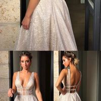 Sparkly Deep V Neck Wedding Dress Bridal Gown - Thumbnail 1
