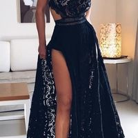 Charming Halter A-Line Floor Length Black Lace Prom Homecoming Dress with High Split - Thumbnail 1