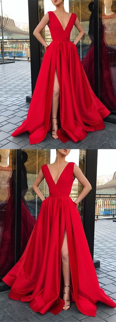 Deep V Neck Red Satin Long Homecoming Prom Dress with Pockets,Evening Party Gown