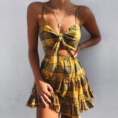 Women's Plaid Vest Sleeveless Bow Two-piece Set