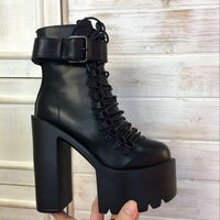 Black Square Heels Platform Boots Ankle Boots Female Lace Up Women Shoes Fashion  - Thumbnail 1