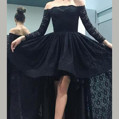Black a line asymmetrical long sleeve mid back lace long prom dress,party dress - Thumbnail 3