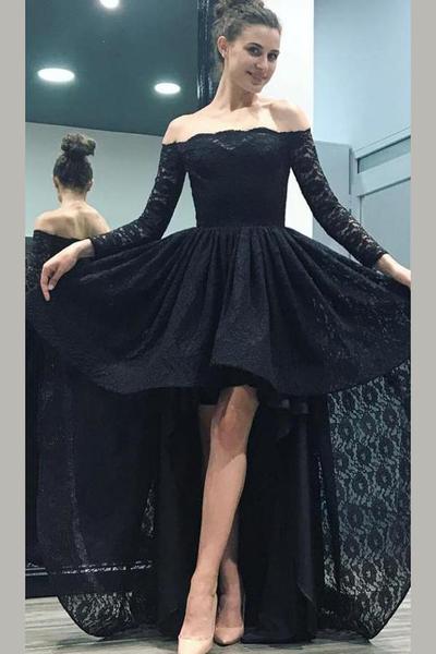 Black A Line Asymmetrical Long Sleeve Mid Back Lace Long Prom Dress,Party Dress
