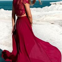 Two Piece Round Neck Cap Sleeve Lace Top Black Long Prom Dress,Evening Party Dress - Thumbnail 2