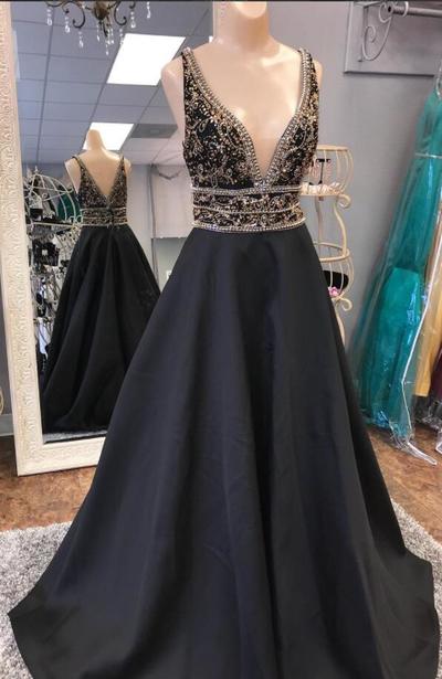A-Line Deep V-Neck Open Back Black Satin Long Prom Dress with Beaded