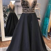 A-Line Deep V-Neck Open Back Black Satin Long Prom Dress with Beaded - Thumbnail 1
