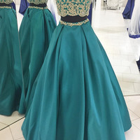 Two Piece Off the Shoulder Emerald Long Prom Dresses with Appliques - Thumbnail 1