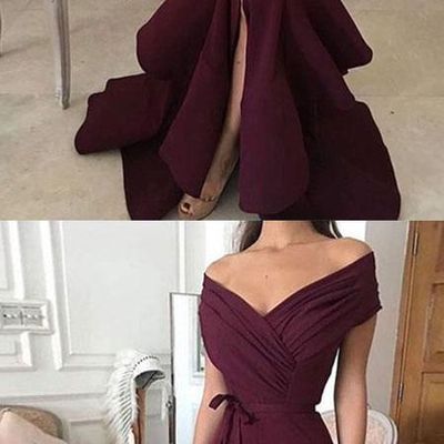 Charming off the shoulder burgundy satin mermaid long prom dresses - Thumbnail 5