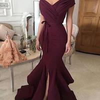 Charming Off the Shoulder Burgundy Satin Mermaid Long Prom Dresses - Thumbnail 1