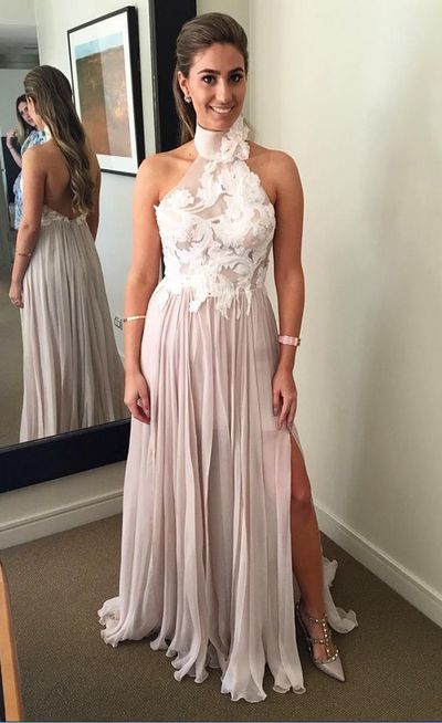 Unique Halter Backless Light Grey A-Line Long prom Dress with Appliques,Side Split Evening Party Dresses