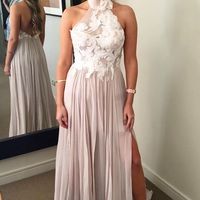 Unique Halter Backless Light Grey A-Line Long prom Dress with Appliques,Side Split Evening Party Dresses - Thumbnail 1