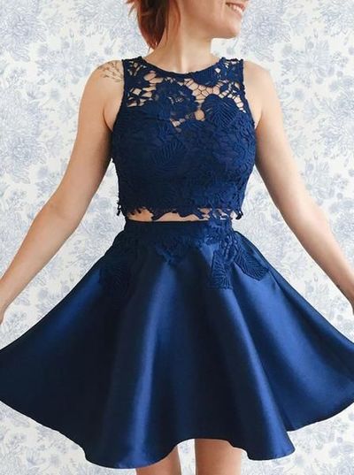 Two Piece Homecoming Dresses,Navy Blue Short Prom Dresses,Lace Graduation Dresses