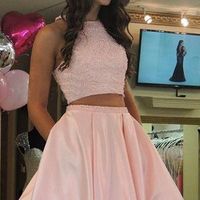 Pretty Two Piece Jewel Elastic Satin Pink Homecoming Dresses Beaded,Short Prom Dresses with Pockets - Thumbnail 1