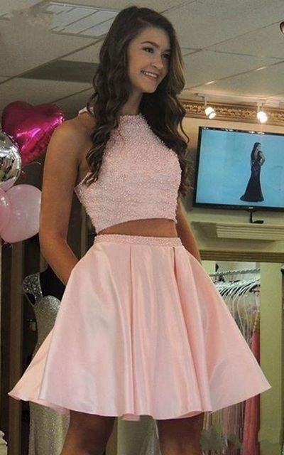 Pretty Two Piece Jewel Elastic Satin Pink Homecoming Dresses Beaded,Short Prom Dresses with Pockets