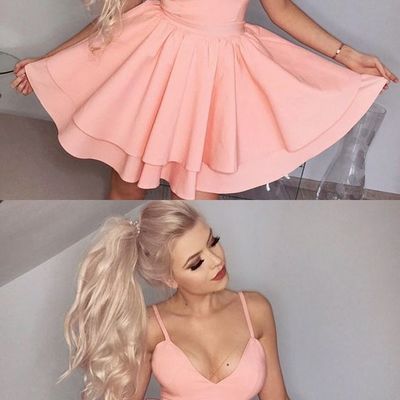 Cute a-line spaghetti straps short tiered pink satin homecoming cocktail dresses,short prom dresses - Thumbnail 5