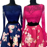 Fashion A Line Two Piece Long Sleeves Floral Lace Short Homecoming Dresses with Pockets,Short Prom Dresses - Thumbnail 2