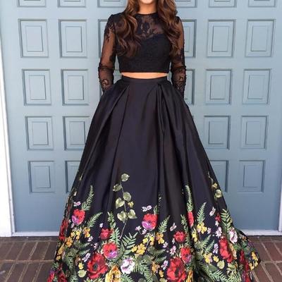 Long sleeves black floral two piece prom dress,long prom dress,sexy prom dress - Thumbnail 5