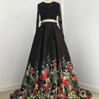 Long Sleeves Black Floral Two Piece Prom Dress,Long Prom Dress,Sexy Prom Dress - Thumbnail 1