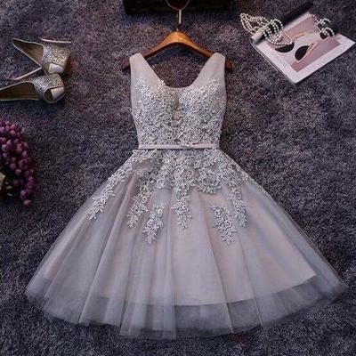Grey v neck lace short prom dress,cute a-line homecoming dresses - Thumbnail 5