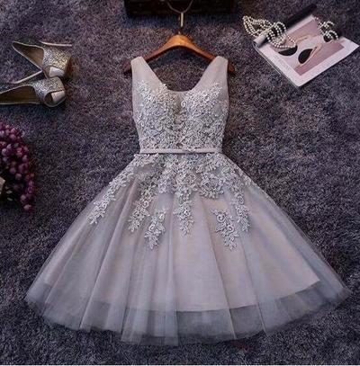 Grey V Neck Lace short prom dress,Cute A-line homecoming dresses